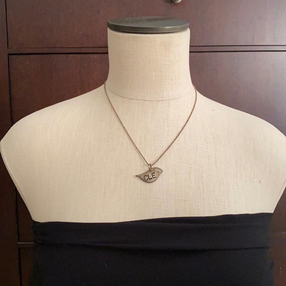 Silver CLE bird necklace, 18” length